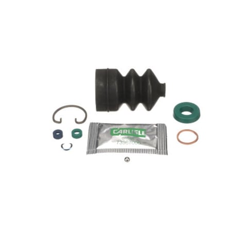 Clutch master cylinder repair kit with rubber bellows, metal clips, seals, and O-rings displayed on white background
