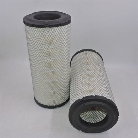 Two cylindrical air filters with white pleated mesh and black rubber end caps on gray background