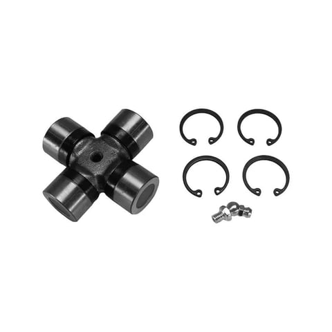 Universal joint assembly with cross shaft component and four retaining clips with fasteners on white background